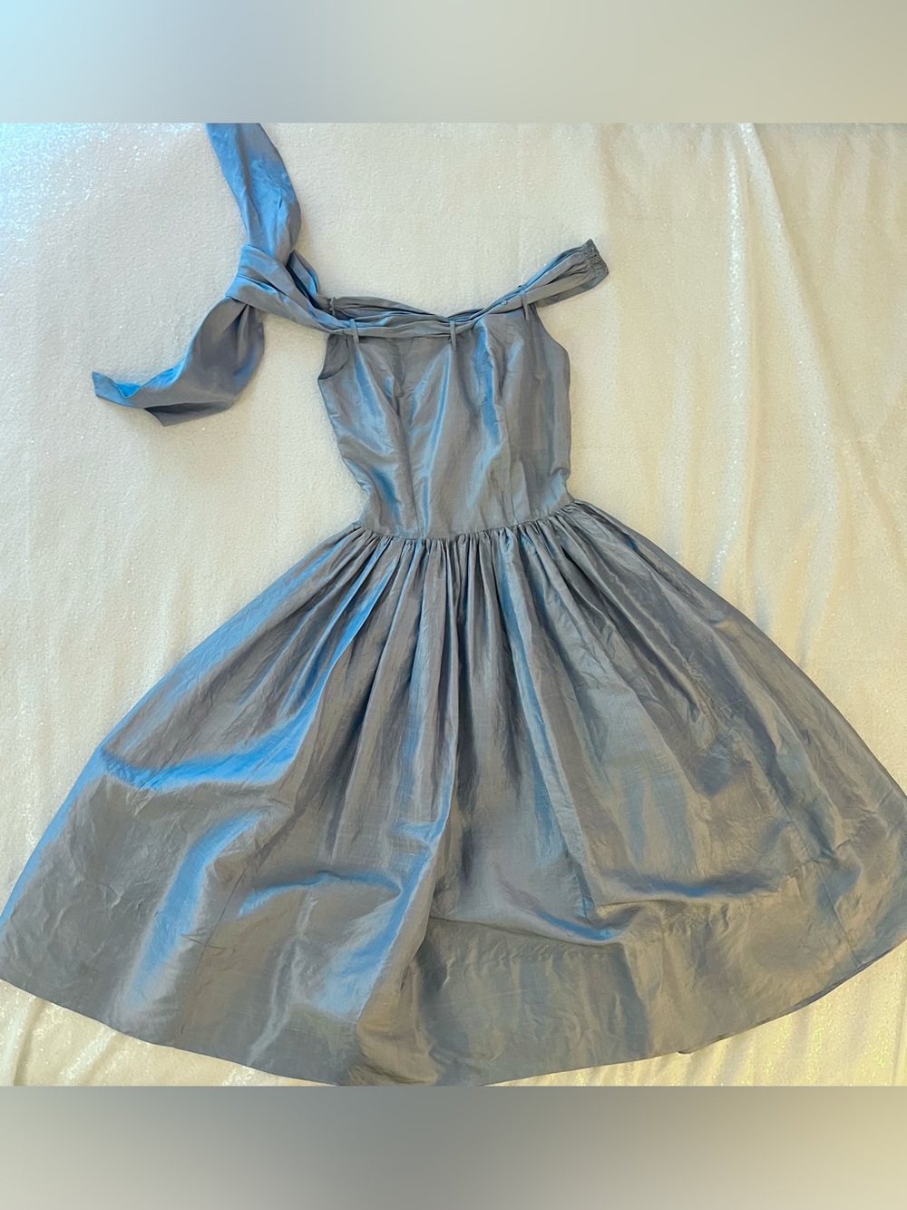 Vintage 1950s Light Ice Blue Raw Silk Cocktail Dress with Tie Detail